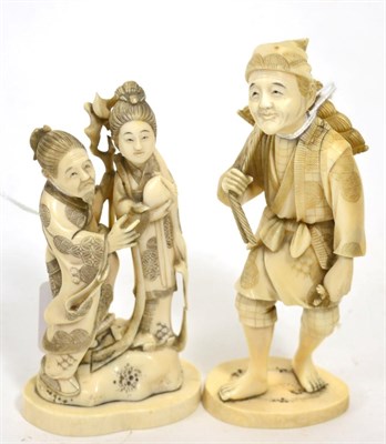 Lot 276 - A Meiji period ivory okimono of a fisherman and another figural group of similar date (2)