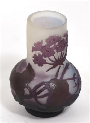 Lot 280 - A Galle style cameo glass vase, cut with violet flowers on a lilac ground, poor signature, 10cm