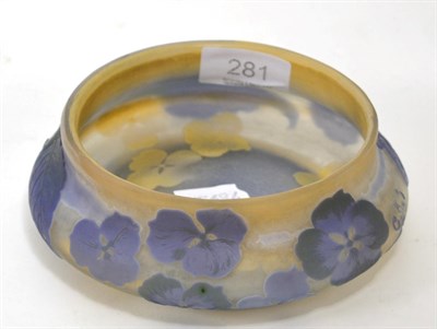 Lot 281 - A Galle cameo glass bowl, cut with purple foliage on a yellow/green ground, signed in the cameo...