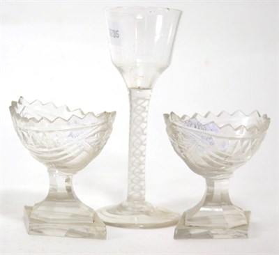 Lot 289 - An 18th century cotton twist drinking glass and a pair of cut glass salts