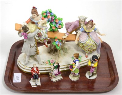 Lot 295 - Sitzendorf figure group, a pair of German figures and a pair of Capodimonte style figures