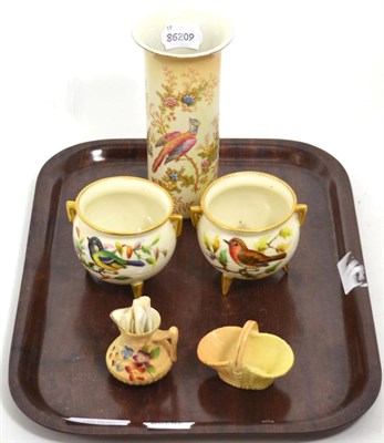 Lot 297 - A pair of Royal Worcester footed vases painted with birds, two pieces of miniature Royal...