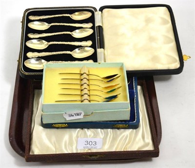 Lot 303 - Three cased sets of six silver teaspoons and a Norway sterling set of six enamel teaspoons