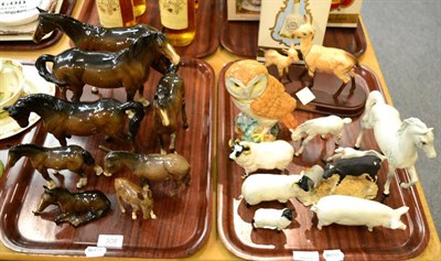 Lot 308 - Beswick horses and foals, donkeys, barn owl, sheep, doe and fawn and a pig (quantity on two...