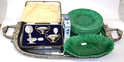 Lot 312 - A Victorian plated two handled tea tray and a small quantity of silverwares, a Chinese blue and...