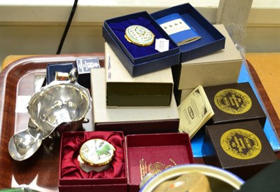 Lot 317 - A silver sauce boat, silver serving spoon and group of enamel trinket boxes including Halcyon Days