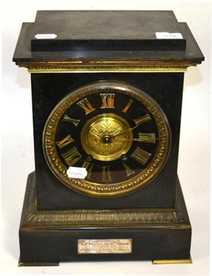 Lot 318 - A gilt metal and slate striking mantel clock, the slate chapter ring with gilt metal Roman...