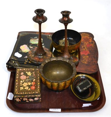 Lot 321 - A group of lacquered and other items including a 19th century mother of pearl inlaid blotting...