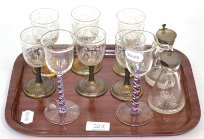 Lot 323 - A small group of glass including a pair of Edwardian silver mounted tots, Birmingham 1907, a set of