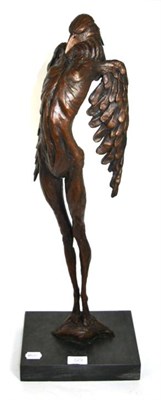 Lot 329 - Elizabeth Hadley (20th Century) Winged bird figure, bronze, 66cm in height, on black slate base