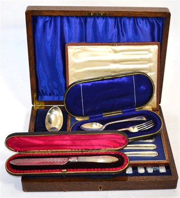 Lot 351 - A cased silver bladed mother-of-pearl knife, a cased silver spoon and fork, set of six silver...