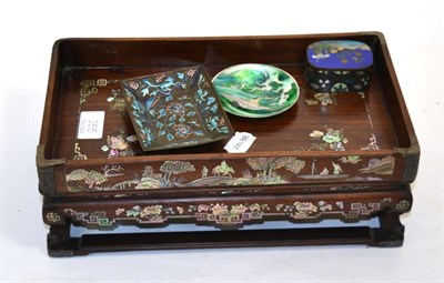 Lot 355 - A Japanese mother of pearl inlaid stand, silver and enamel dish and two other items (4)