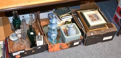 Lot 1017 - Three boxes of miscellaneous items including a pair of 20th Century ships decanters, a pair of...