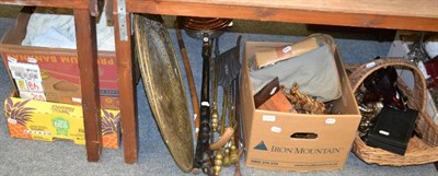 Lot 1048 - Assorted items including cuckoo clock, two large brass trays, various walking sticks, golf...