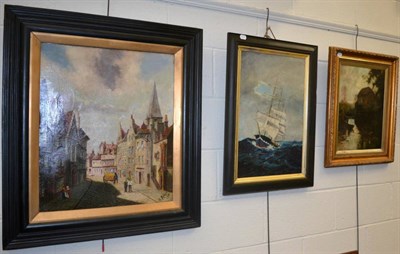 Lot 1125 - Three oils including a seascape together with a period style gilt mirror (4)