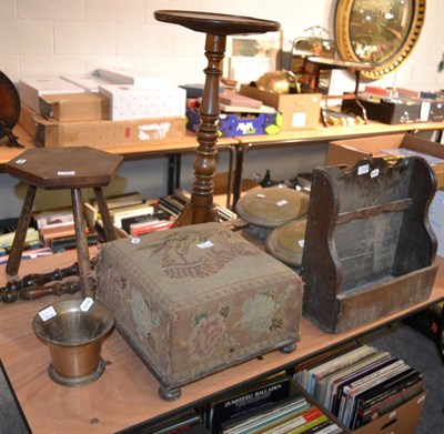 Lot 1128 - A tripod table, a needlework footstool, two bed pans, a brass coal bucket and mortar, a milking...