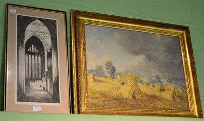 Lot 1130 - Lewis Creighton (20th century), Haymaking, oil on board, signed and an engraving of Five...