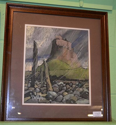 Lot 1147 - Brian Phillips (b.1939), Wicked day on Holy Island (Tuesday) signed, pastel, 32.5cm by 27.5cm