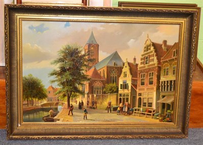 Lot 1158 - A 20th century oil on board Dutch canal street scene signed W Hey Koop