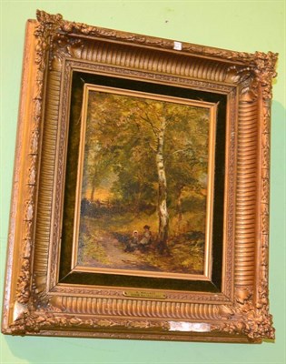 Lot 1159 - H Wallis RA, Landscape with two young girls seated by a tree, oil on panel, label verso ";H...