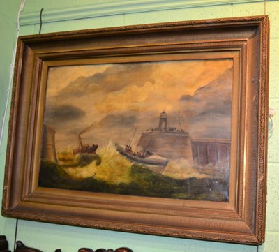 Lot 1185 - English School, late 19th century, Ramsgate life boat leaving harbour, oil on canvas