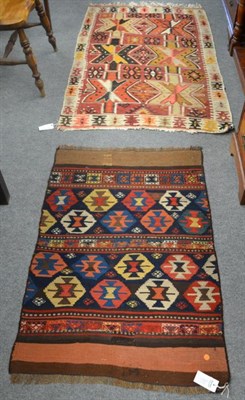 Lot 1300 - Shahsavan Kilim panel, North West Iran, the indigo field with polychrome hexagons flanked by...