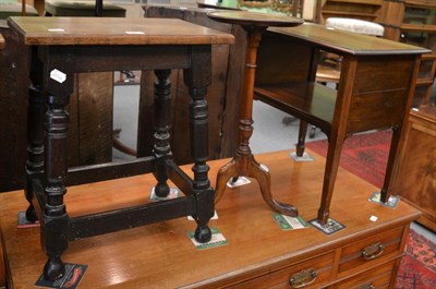 Lot 1311 - An oak stool, a mahogany tripod table and a mahogany bedside table (3)