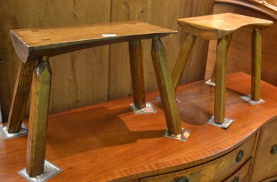 Lot 1328 - Two Yorkshire School oak stools each on four legs