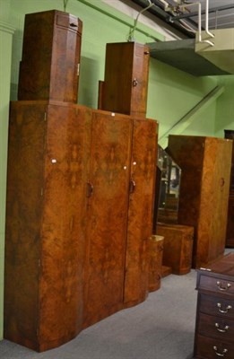 Lot 1336 - A good quality Art Deco burr walnut four piece bedroom suite comprising of a triple door...