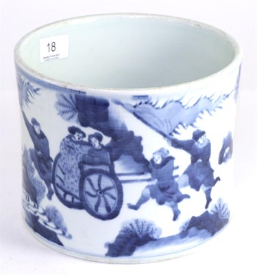 Lot 18 - A Chinese porcelain brush pot, in Kangxi style, painted with warriors in landscape, 16cm high