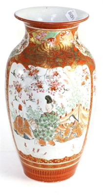 Lot 19 - A Kutani porcelain baluster vase, Meiji period, typically painted with figures, birds and...