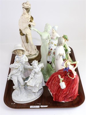 Lot 21 - A tray of figures including Sitzendorf, Capodimonte, Royal Doulton, Coalport, Nao, etc