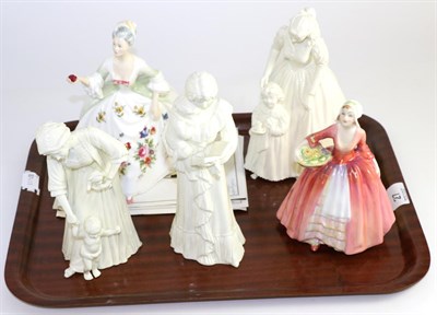 Lot 27 - Two Royal Doulton figures Janet, HN1537; Diana HN2468; and three Royal Worcester figures, Once Upon