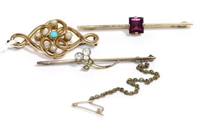 Lot 30 - A turquoise and seed pearl set bar brooch stamped '15C' together with two 9ct gold bar brooches