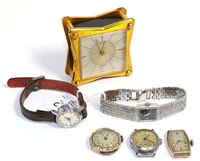 Lot 32 - A Jaeger travel alarm timepiece, two lady's 9ct gold wristwatches and three other wristwatches