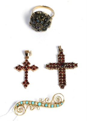 Lot 48 - A turquoise and seed pearl brooch stamped '15ct', a gem set ring and two cross pendants (4)