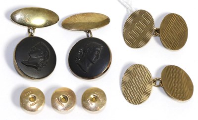 Lot 51 - A pair of 9ct gold cufflinks, three 9ct gold studs and a pair of Wedgwood cufflinks