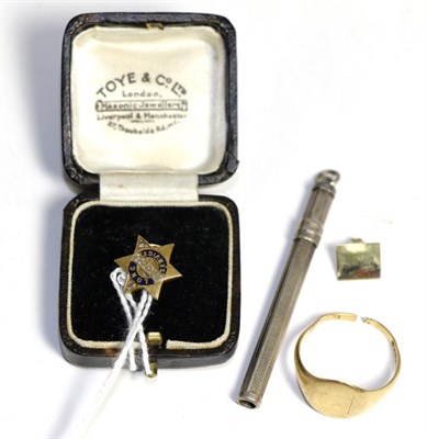 Lot 52 - An 18ct gold long service pin; together with an 18ct gold signet ring (cut) and a silver pick