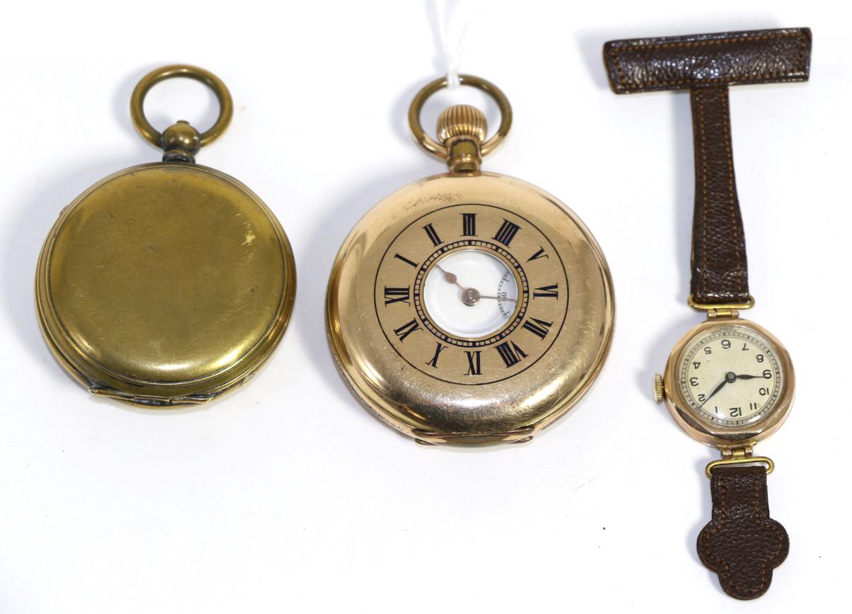 Lot 54 - A gold plated half hunter pocket watch, a lady's 9ct gold watch and a compass