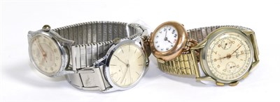 Lot 69 - A plated chronograph wristwatch, two gents centre seconds wristwatches and a lady's 9ct gold...