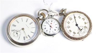 Lot 74 - A military style Elgin pocket watch, a nickel plated Waltham pocket watch and a nurses fob...