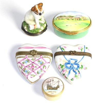 Lot 86 - Two Halcyon days enamel trinket boxes one in the form of a jack russell, two limoges harp form...