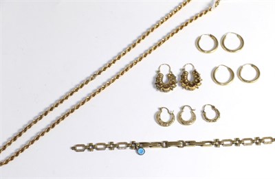 Lot 92 - A 9ct gold necklace, a 9ct gold watch strap and four pairs of earrings