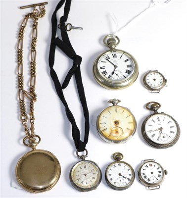 Lot 99 - A full hunter gold plated pocket watch, nickel plated pocket watch, silver pocket watch, three...