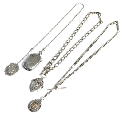 Lot 100 - A silver Albert chain with medal and another also with a silver medal, a silver vesta case and...