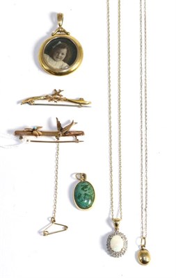 Lot 104 - A 9ct gold and turquoise swallow brooch, another brooch, a locket, two necklaces and a pendant (6)