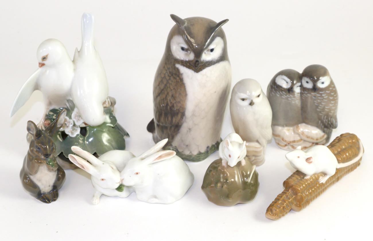 Lot 110 - Eight Royal Copenhagen figures including three owls, two mice, two rabbits and a pair of turtle...