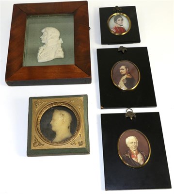 Lot 112 - A waxed silhouette of Lord Nelson together with another waxed silhouette, a portrait miniature...