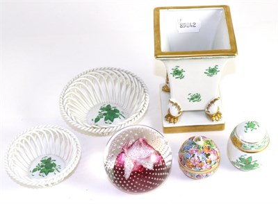 Lot 114 - A Herend porcelain bowl, two Herend porcelain baskets, a Herend porcelain egg form box and a...