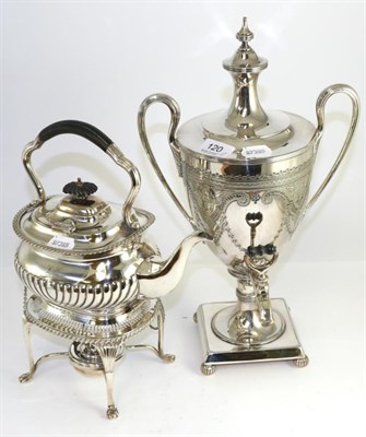 Lot 120 - An electroplated tea urn of George III style, together with a plated kettle on stand